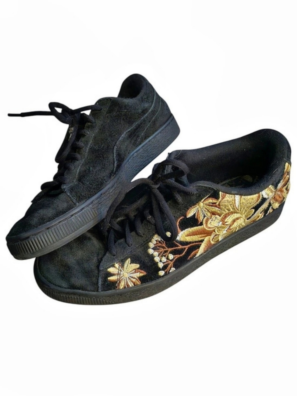 Puma Suede Embroidered Floral Sneakers Black & Gold